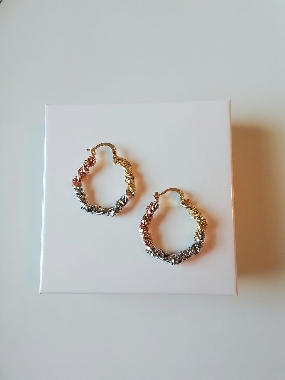 Tri-Tone Twist Hoop Earrings - Gold, Rose & White Gold Plated - Picture 2 of 4